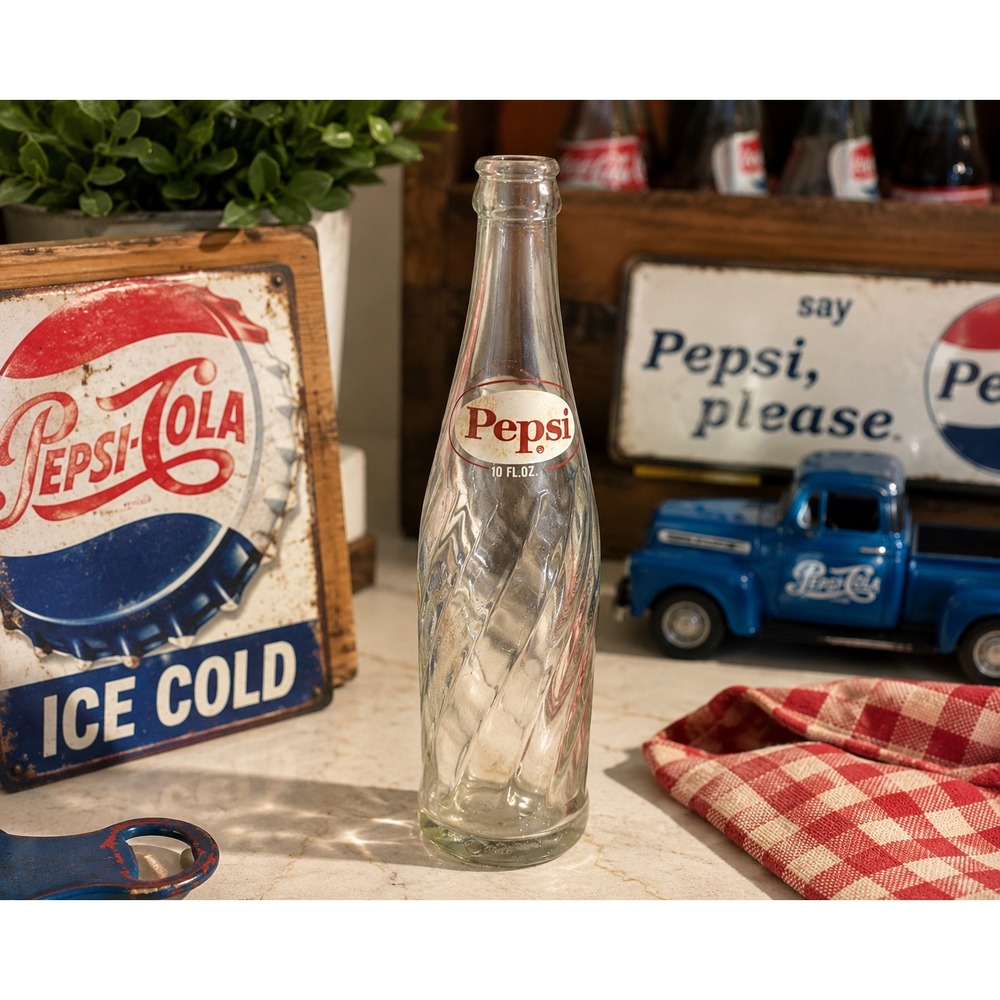Vintage 1968 Pepsi Cola 10 Oz Swirl ACL Glass Soda Bottle Red White Logo USA